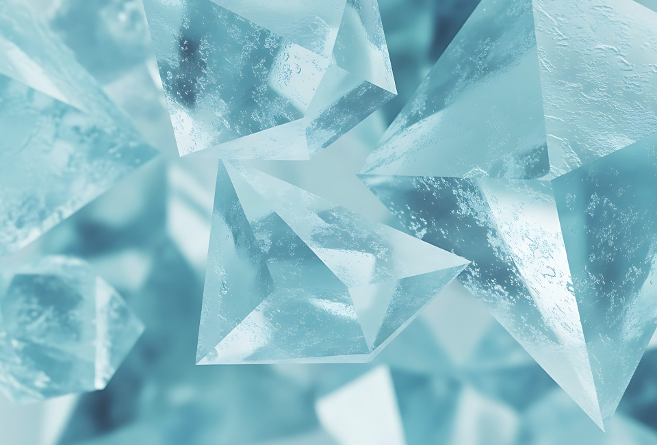 3D render of sharp, geometric ice-blue crystals floating in close-up.