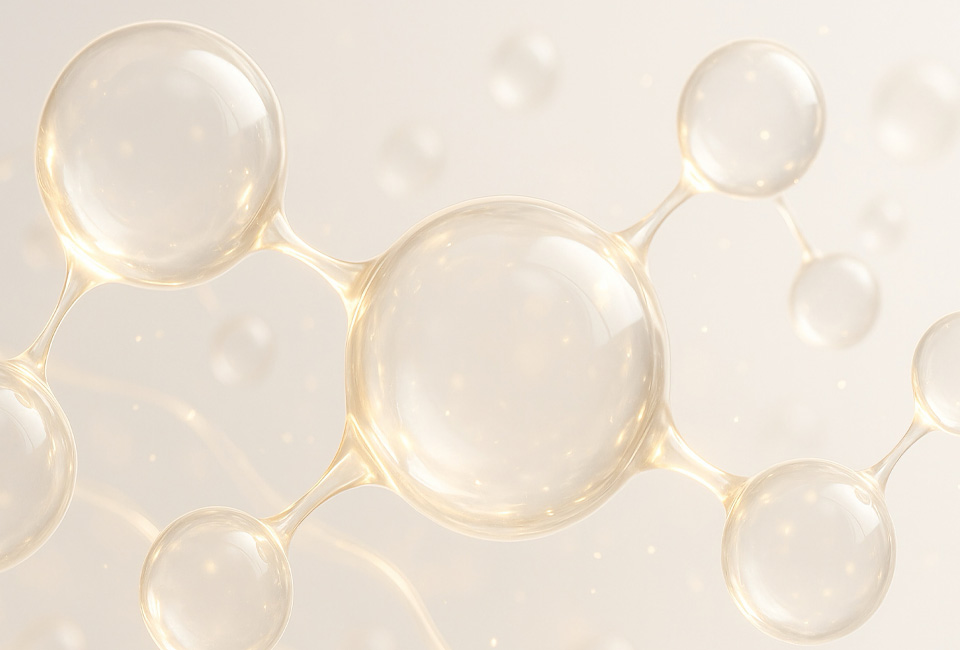 3D render of a golden, transparent molecular structure model with shiny spheres.