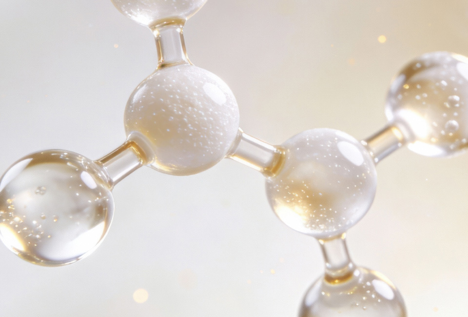 3D render of a glossy molecular structure with spheres in warm lighting.