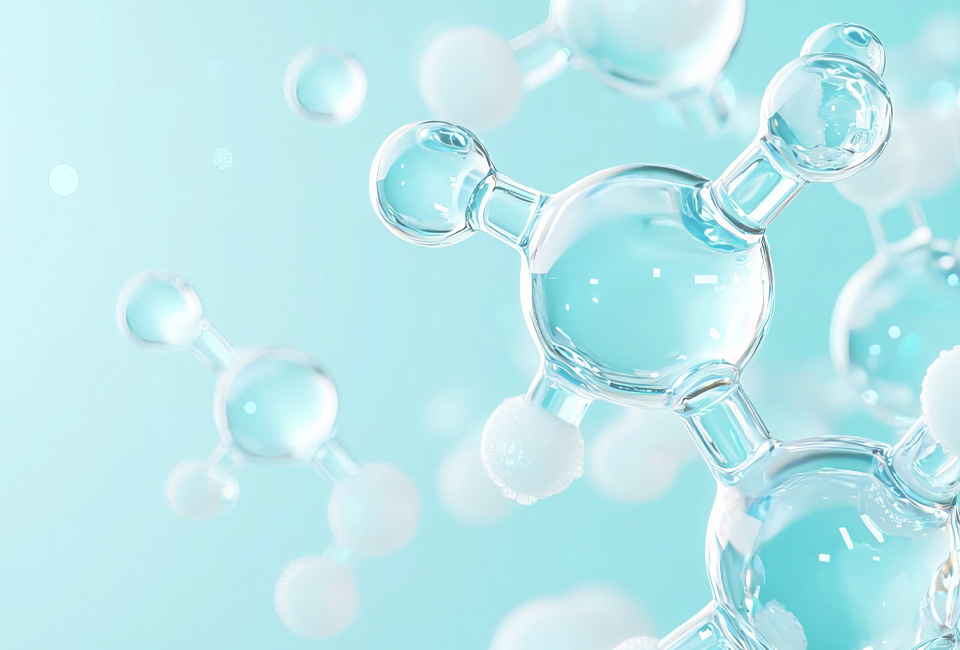 3D render of clear, water-like molecular structures floating on a blue background.