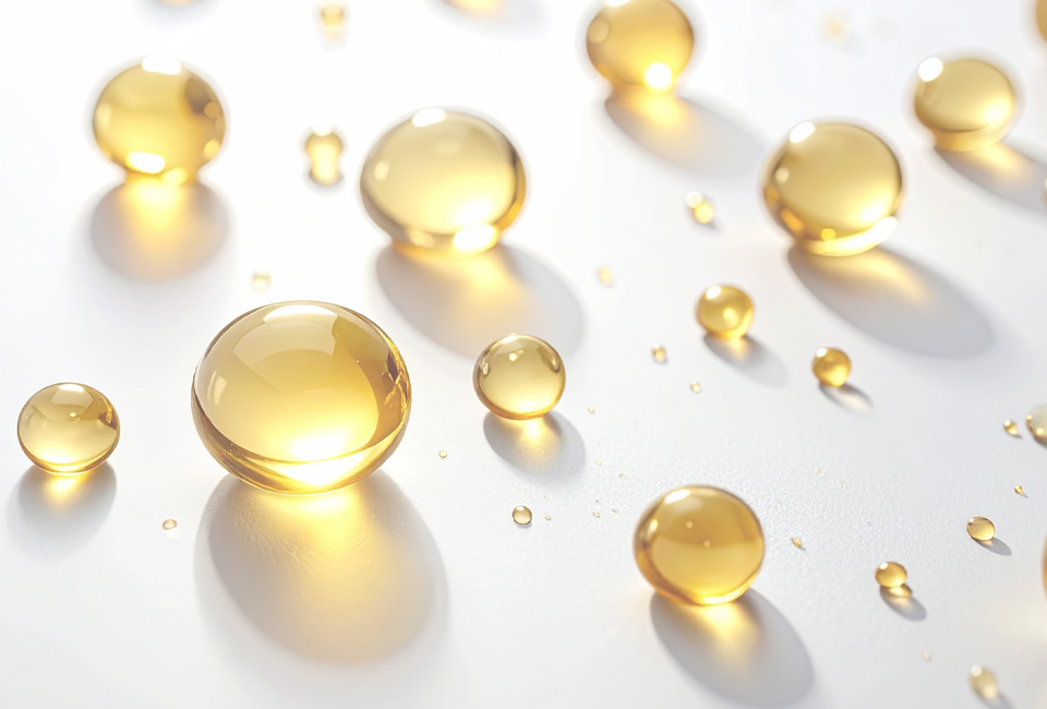 Golden droplets in various sizes resting on a clean white surface